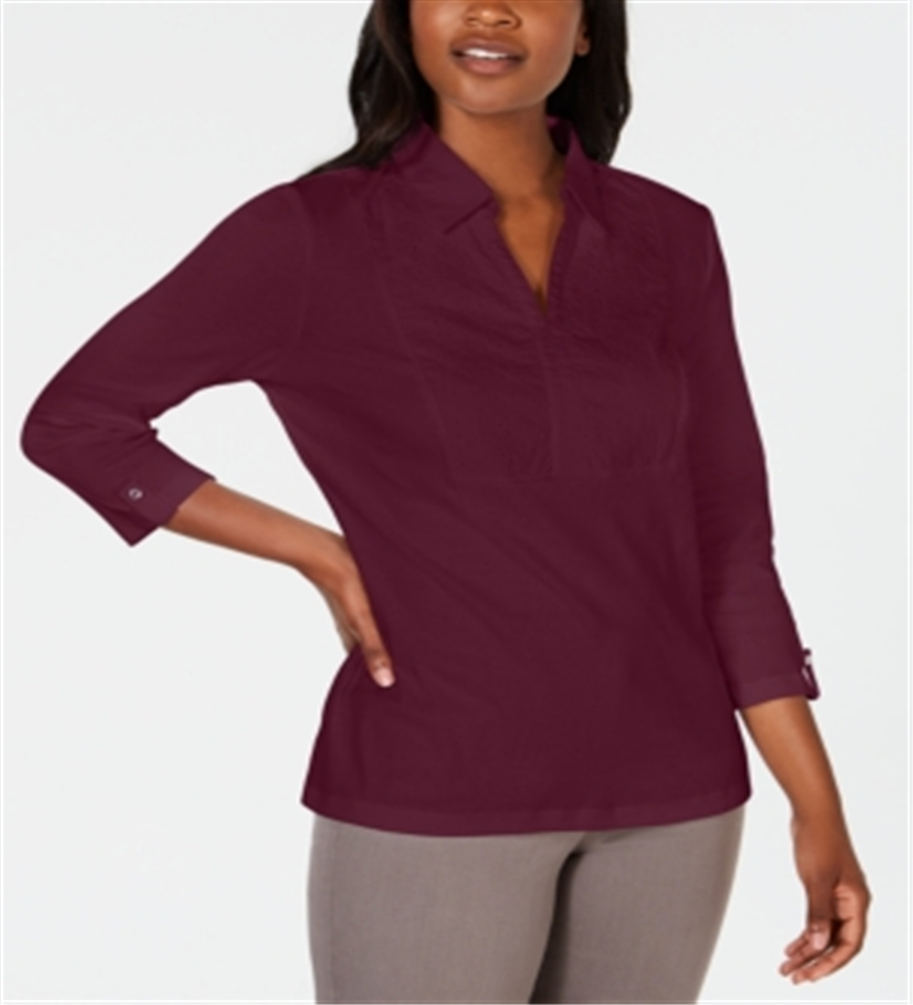 Karen Scott Women's Cotton Eyelet Yoke Top Red Size X-Large