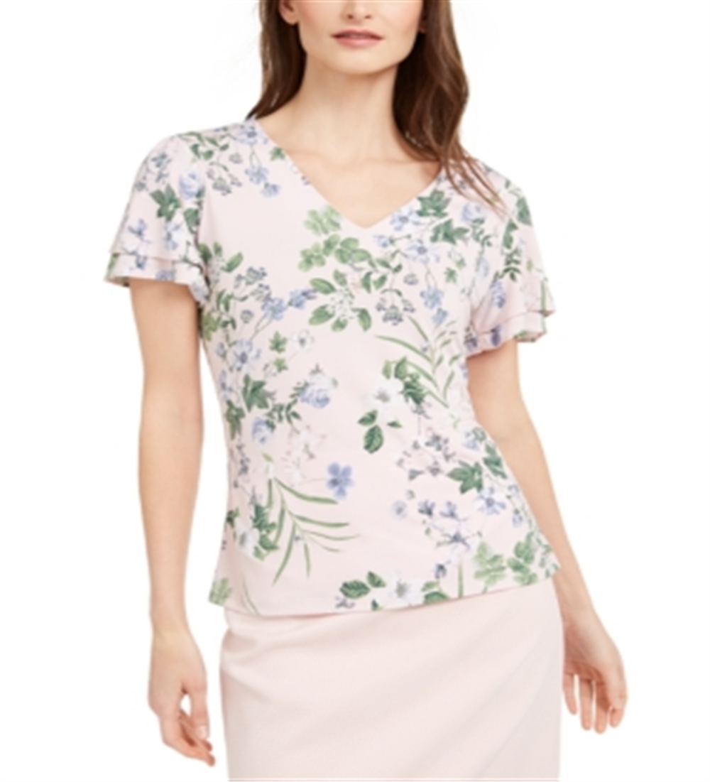 Calvin Klein Women's Floral V Neck Blouse Pink Size Small
