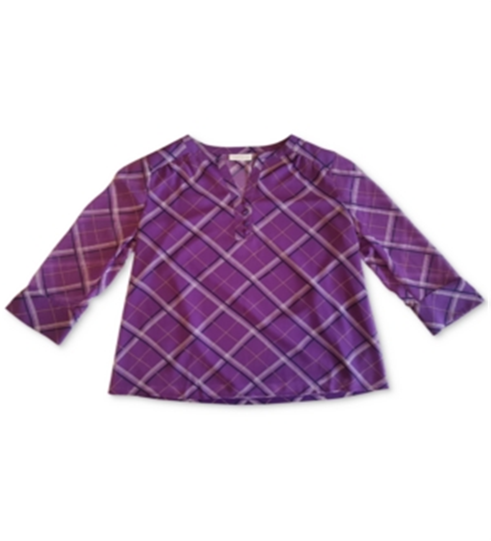 Charter Club Women's Plaid Split Neck Top Purple Size X-Large