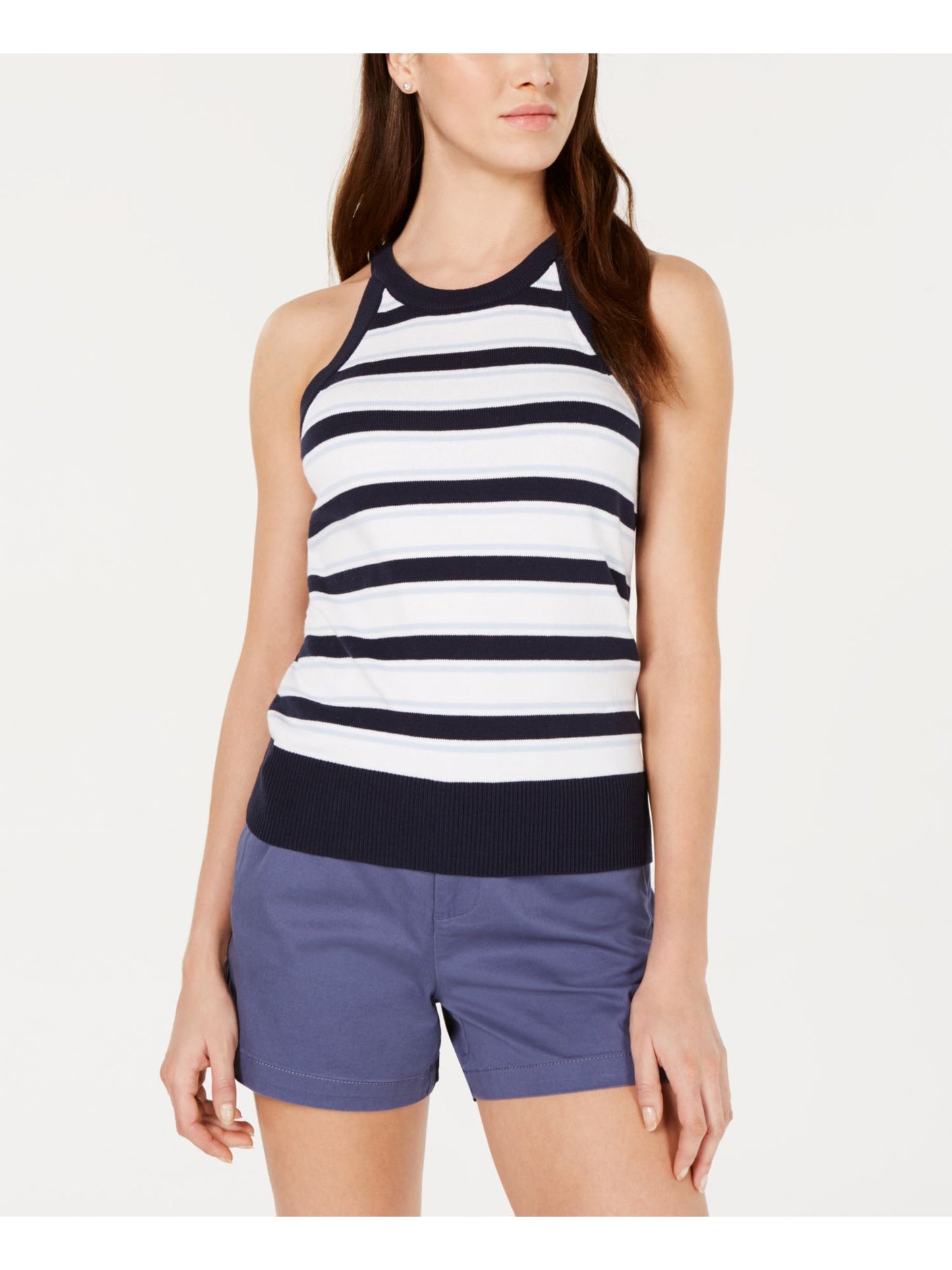 Maison Jules Women's Striped Sleeveless Halter Top Blue Size Small