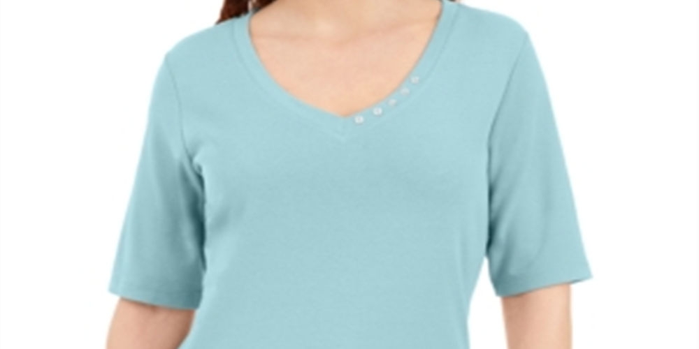 Karen Scott Button-Detail V-Neck Top Blue Size 2XL
