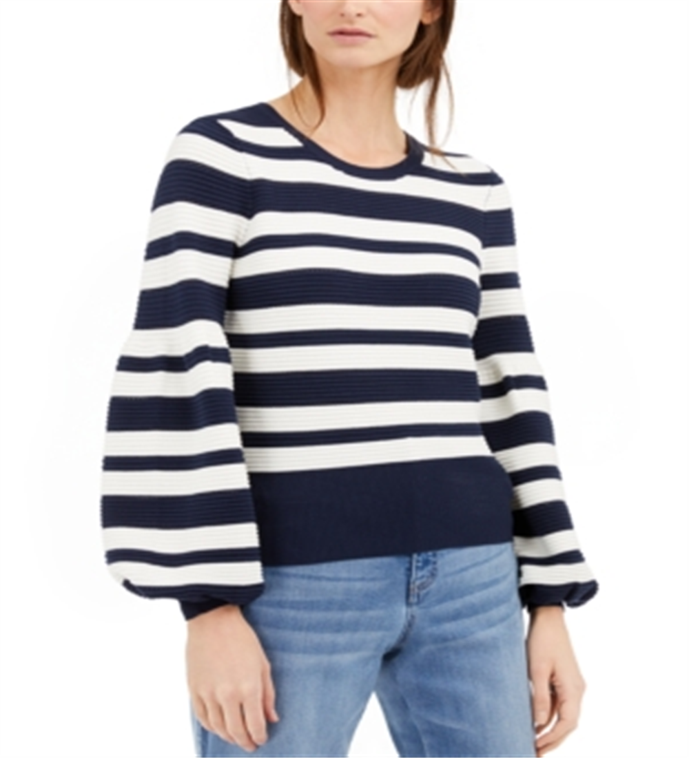 INC International Concepts Women's Ribbed Striped Long Sleeve Jewel Neck Sweater Blue Size Large