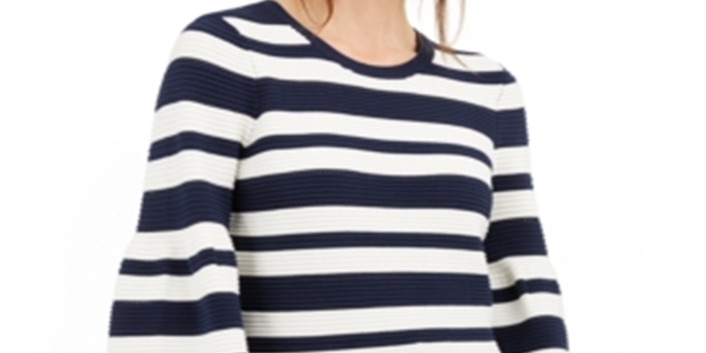 INC International Concepts Women's Ribbed Striped Long Sleeve Jewel Neck Sweater Blue Size Large