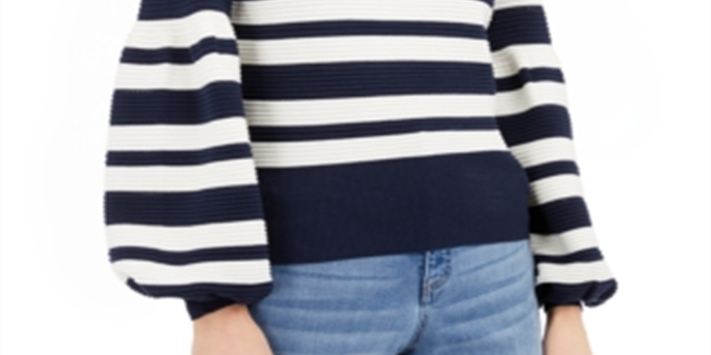 INC International Concepts Women's Ribbed Striped Long Sleeve Jewel Neck Sweater Blue Size Large