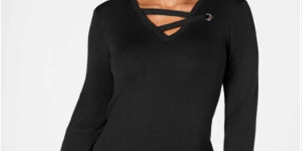 JM Collection Women's Grommet Trim V Neck Top Black Size Petite XL