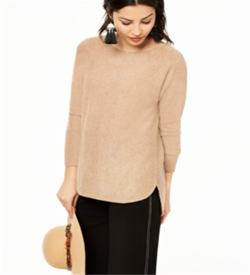 Charter Club Women's Pure Cashmere Long Sleeve Shirttail Sweater Brown Size Petite Small