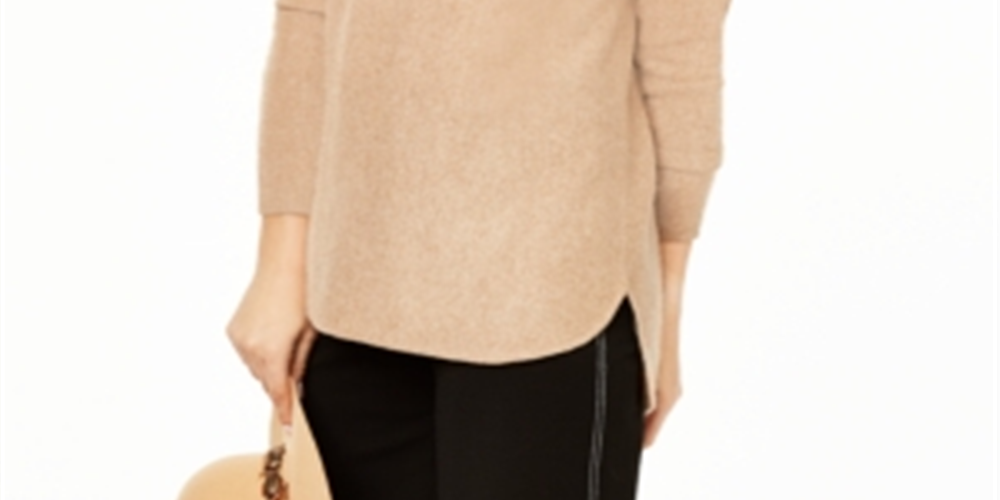 Charter Club Women's Pure Cashmere Long Sleeve Shirttail Sweater Brown Size Petite Small