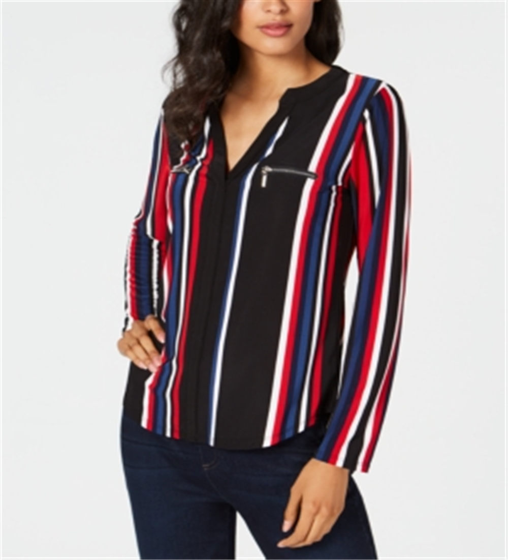 IINC International Concepts Women's Striped Long Sleeve V Neck Evening Top Black Size Large