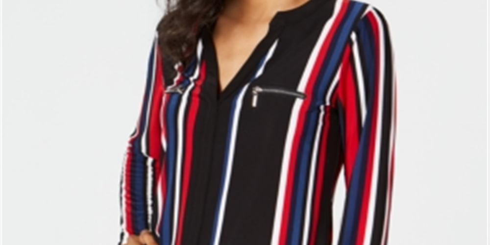 IINC International Concepts Women's Striped Long Sleeve V Neck Evening Top Black Size Large