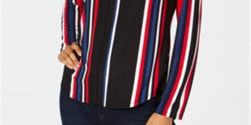 IINC International Concepts Women's Striped Long Sleeve V Neck Evening Top Black Size Large