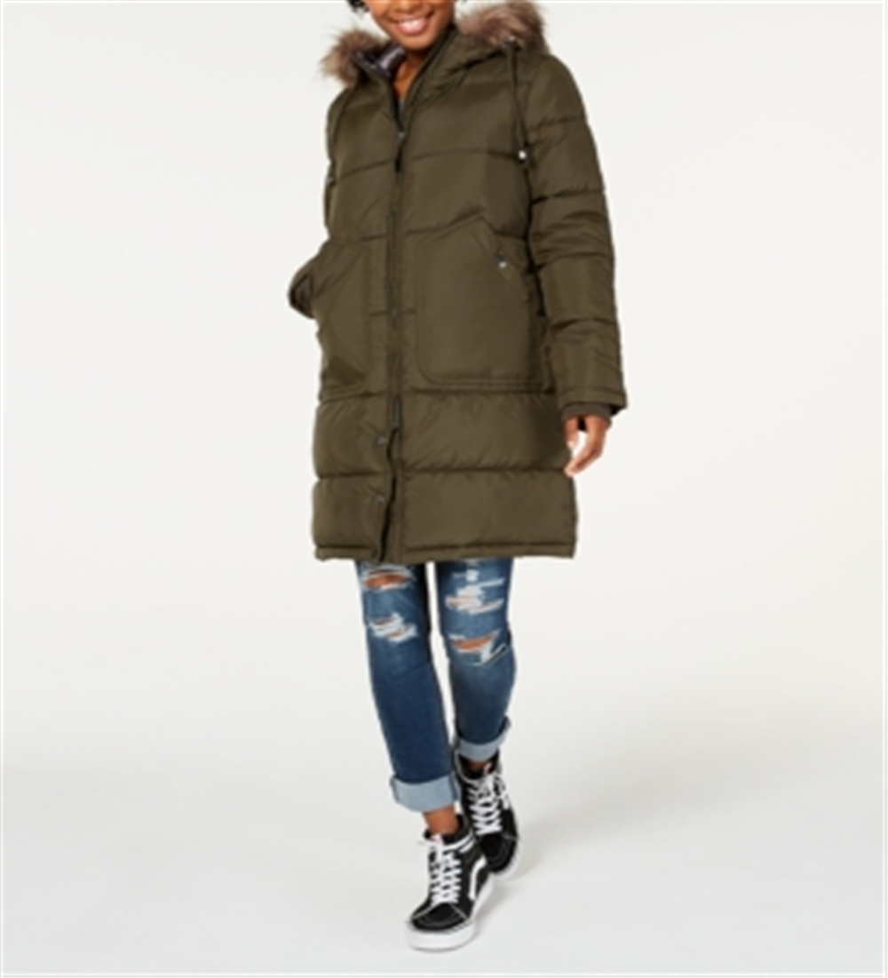 Maralyn & Me Junior's Faux Fur Trim Hooded Puffer Coat Green Size XX-Large