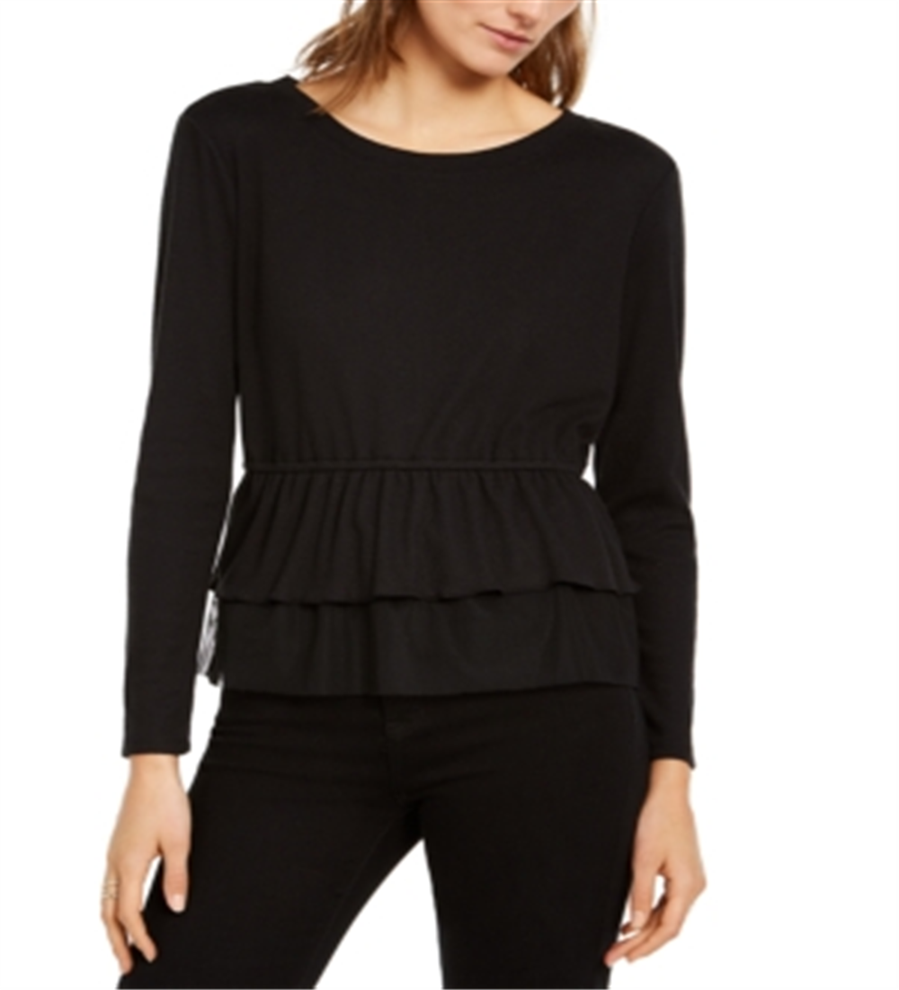 INC Women's V Neck Long Sleeve Peplum Top Black Size Large