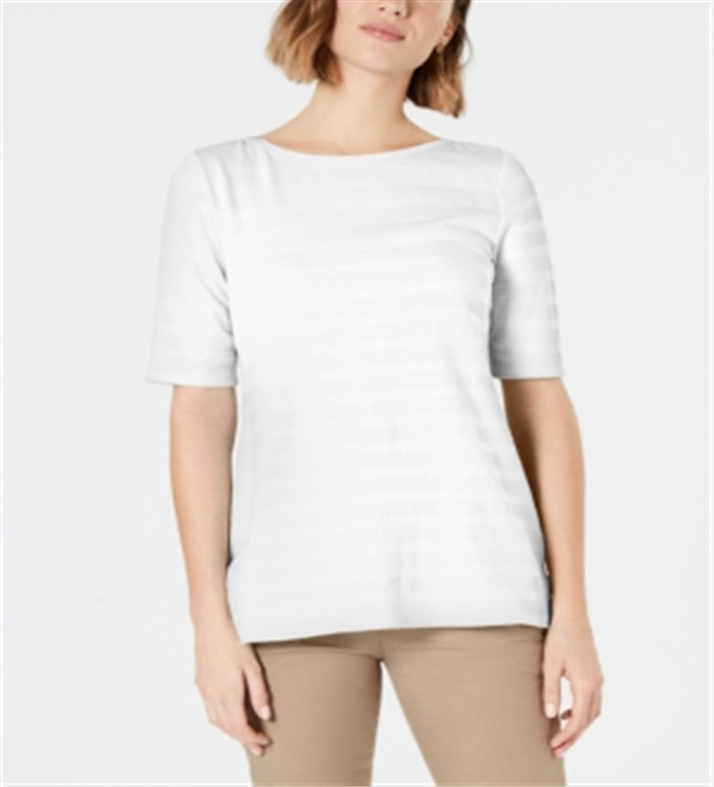 Charter Club Women's Cotton Texture Striped Elbow Sleeve Top White Size X-Large