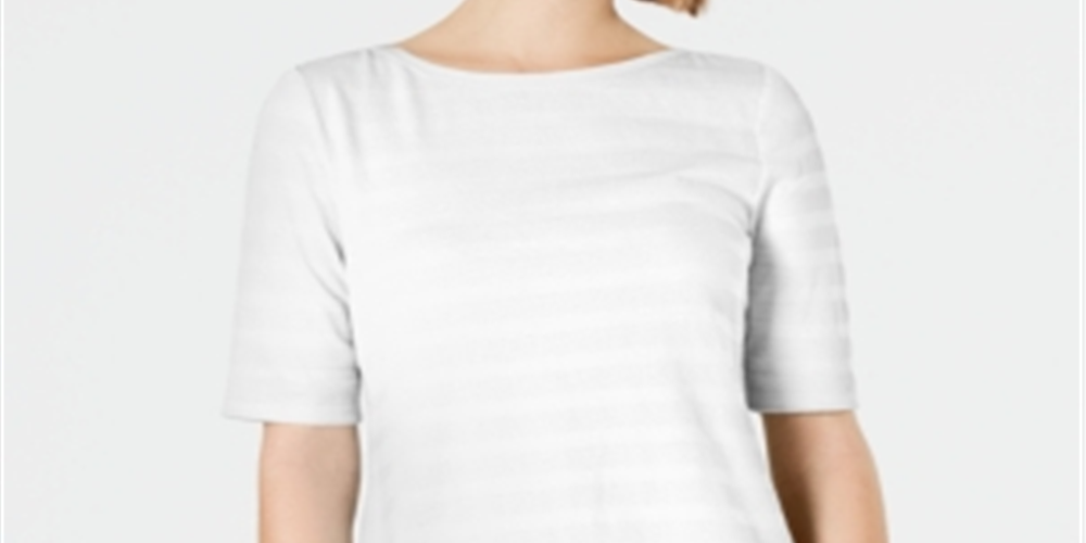 Charter Club Women's Cotton Texture Striped Elbow Sleeve Top White Size X-Large