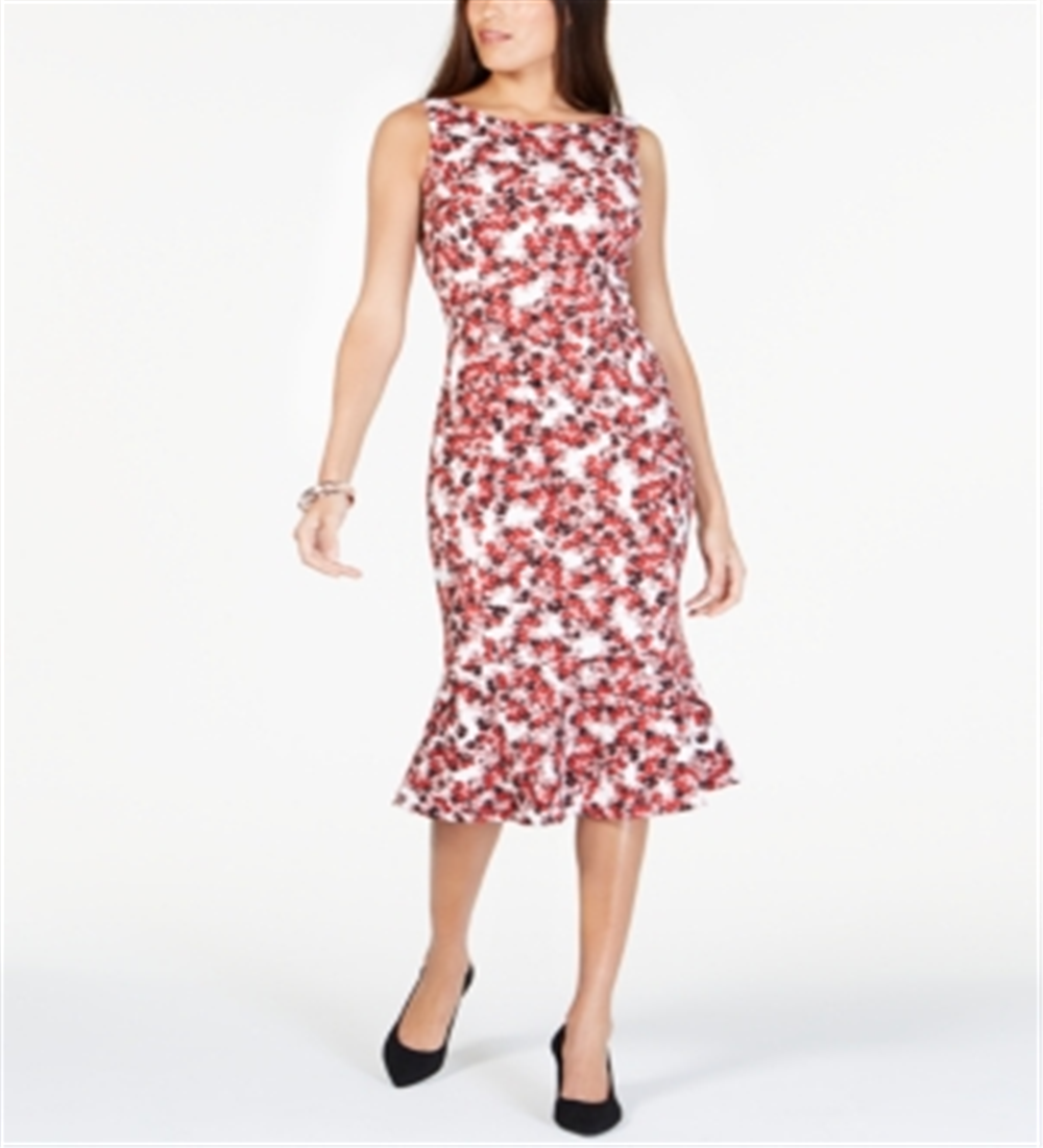 Alfani Women's Printed Jewel Neck MIDI Mermaid Dress Red Size 14