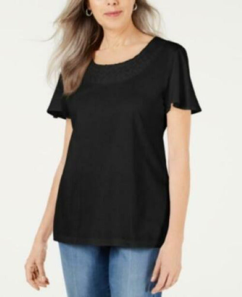 Karen Scott Women's  Basketweave-Trim Flutter-Sleeve Top  Black Size S