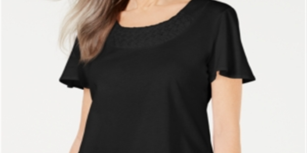 Karen Scott Women's  Basketweave-Trim Flutter-Sleeve Top  Black Size S
