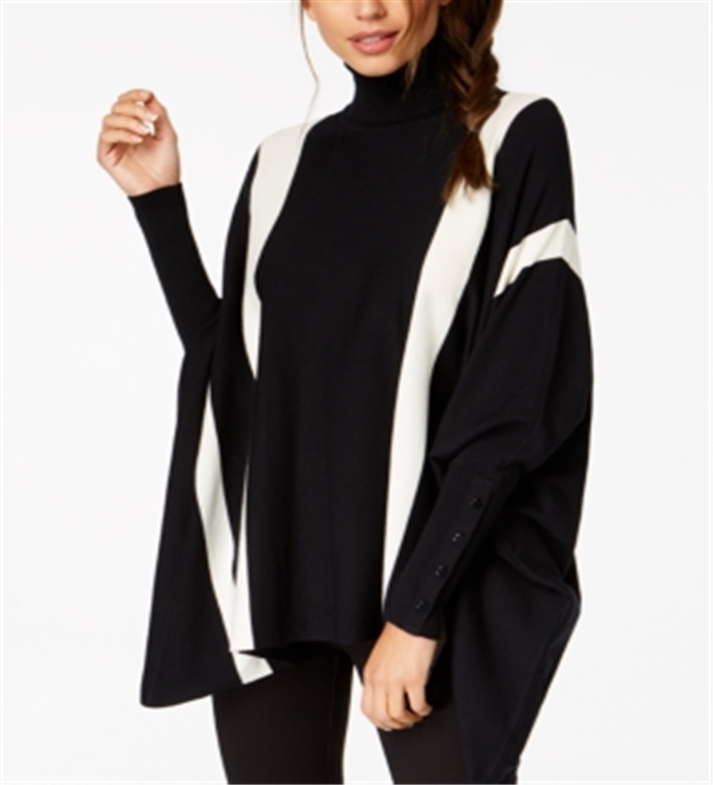 Alfani Women's Striped Poncho Sweater  Black Size Medium