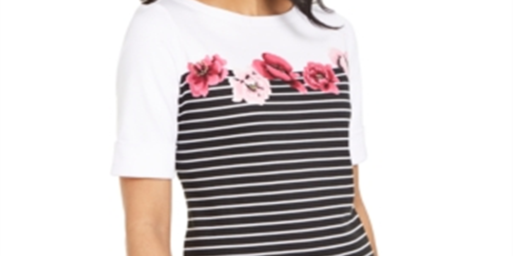 Karen Scott Women's Printed Elbow-Sleeve Top  Black Size Small