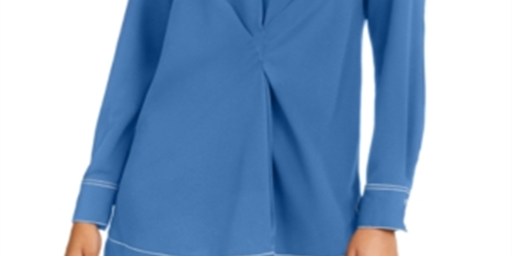 Alfani Women's Contrast Trim V Neck Tunic Top Blue Size Medium