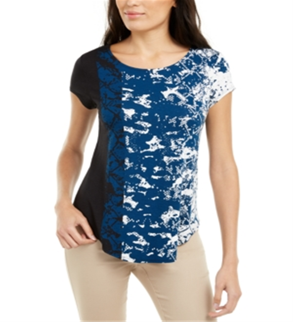 Alfani Women's Printed Round-Hem T-Shirt Blue Size Petite S/M