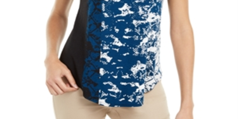 Alfani Women's Printed Round-Hem T-Shirt Blue Size Petite S/M