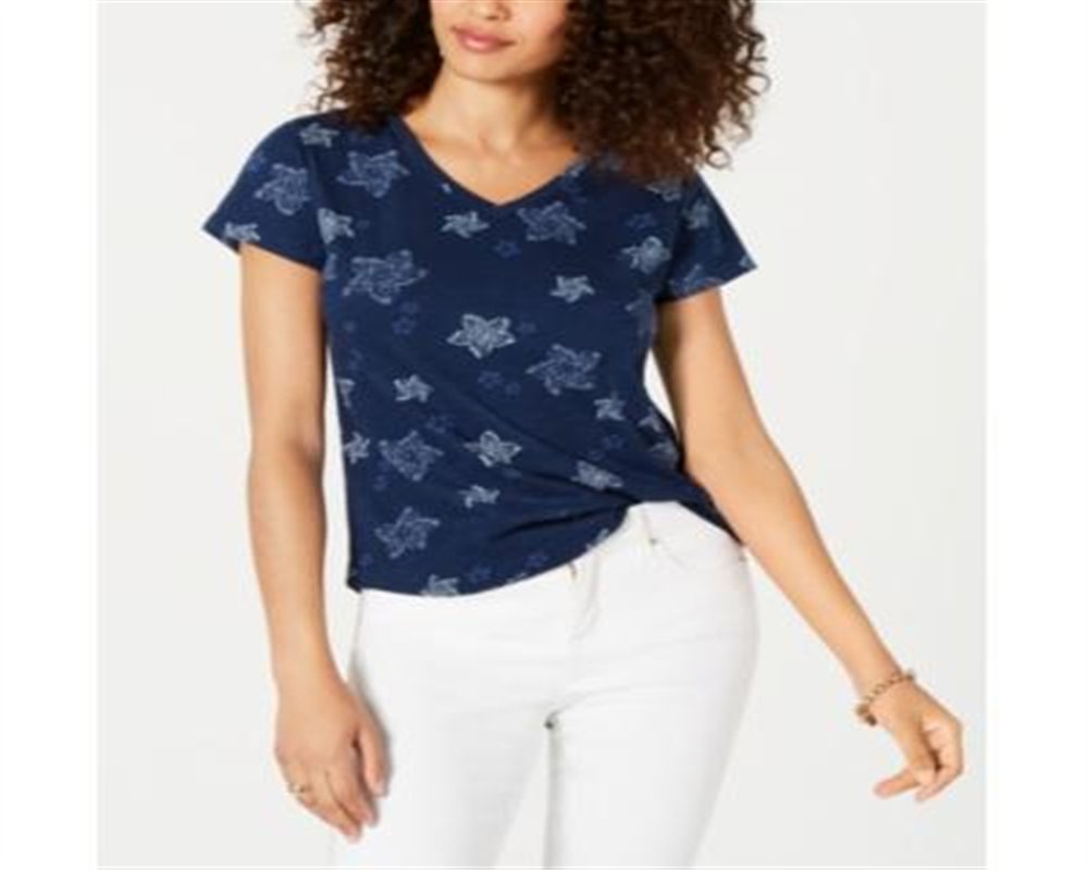 Style & Co Women's Printed V Neck T-Shirt Blue Size Petite Small