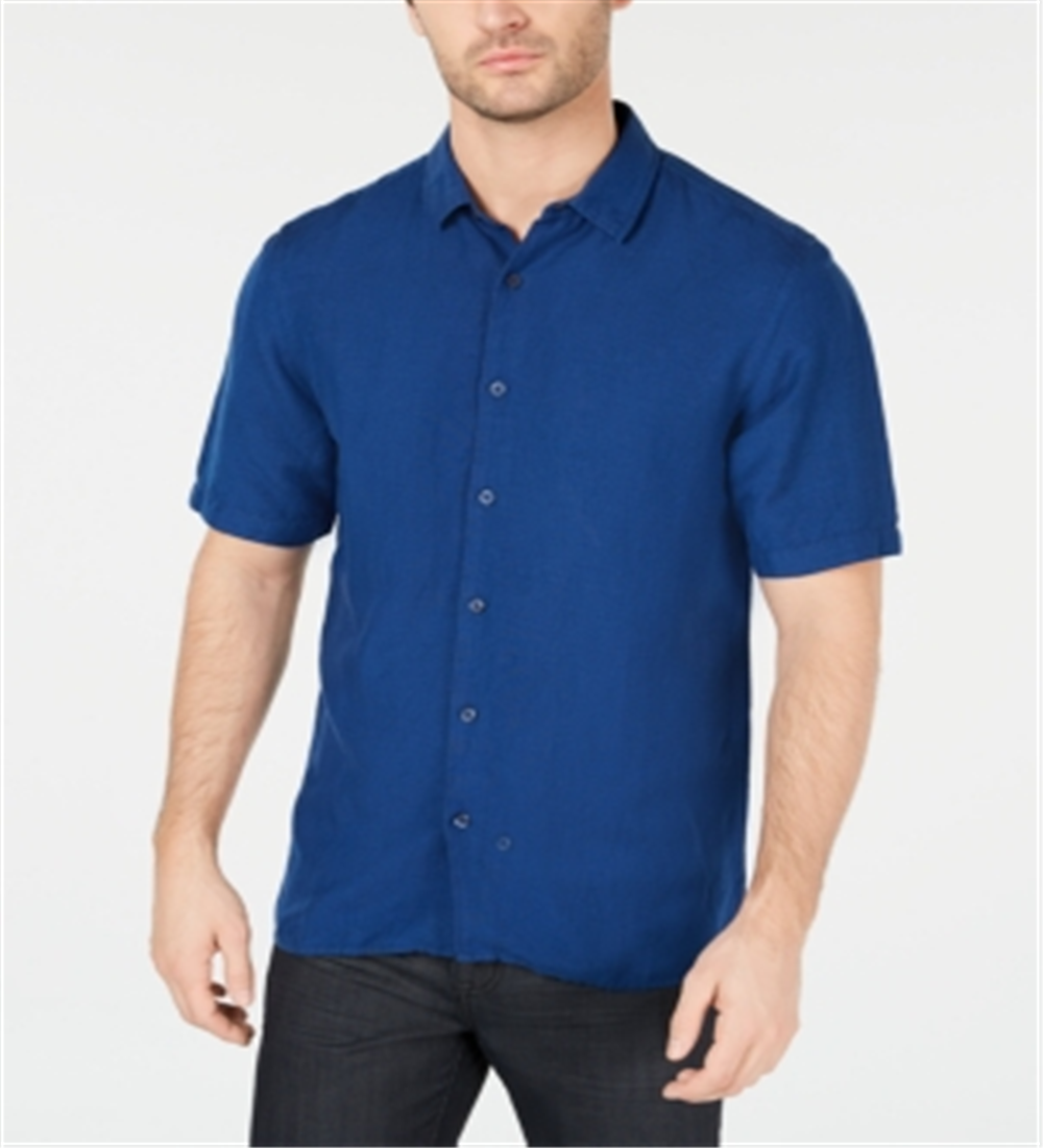 Alfani Men's Linen Blend Wear to Work Button-Down Shirt Blue Size 3XL