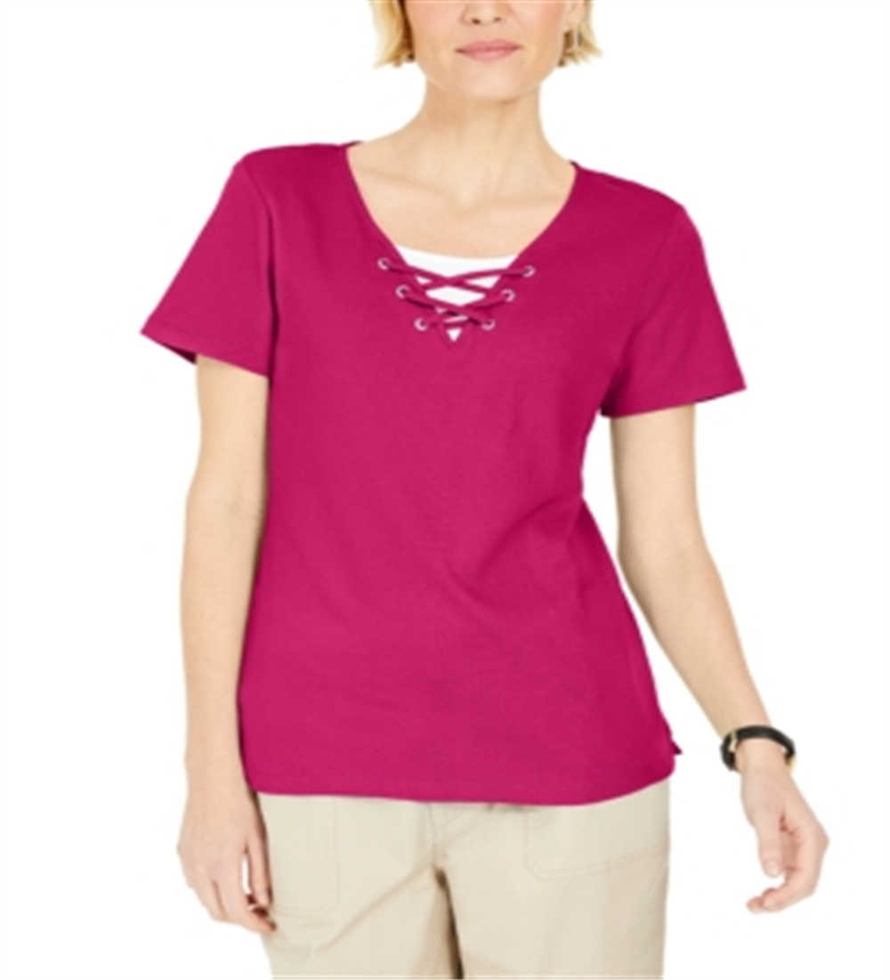 Karen Scott Women's  Lace-up Layered-Look Top  Pink Size XS