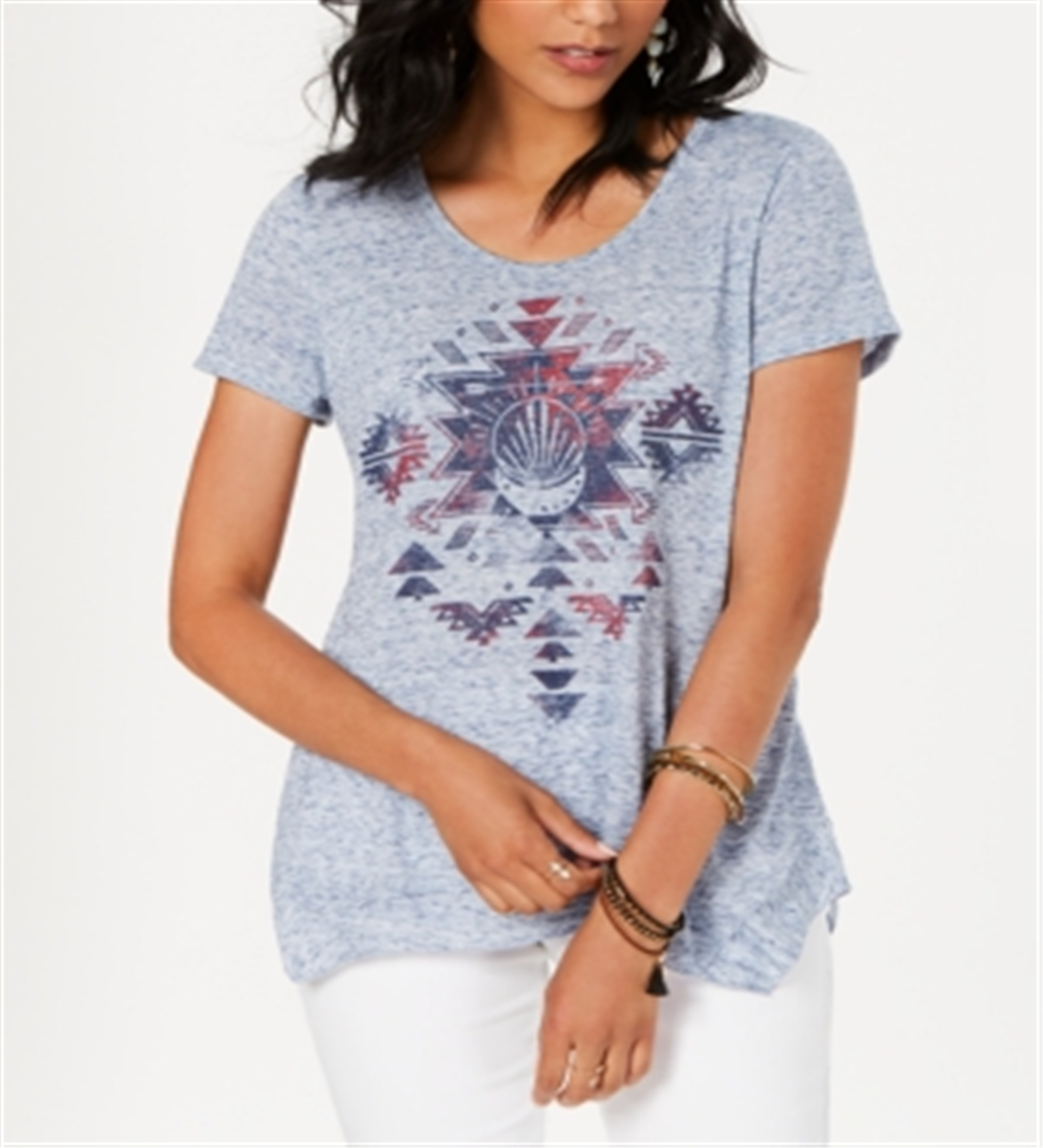 Style & Co Women's Graphic Handkerchief Hem Top Blue Size Petite M