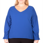 NY Collection Women's Plus V Neck Smocked Sleeve Top Blue Size 1X