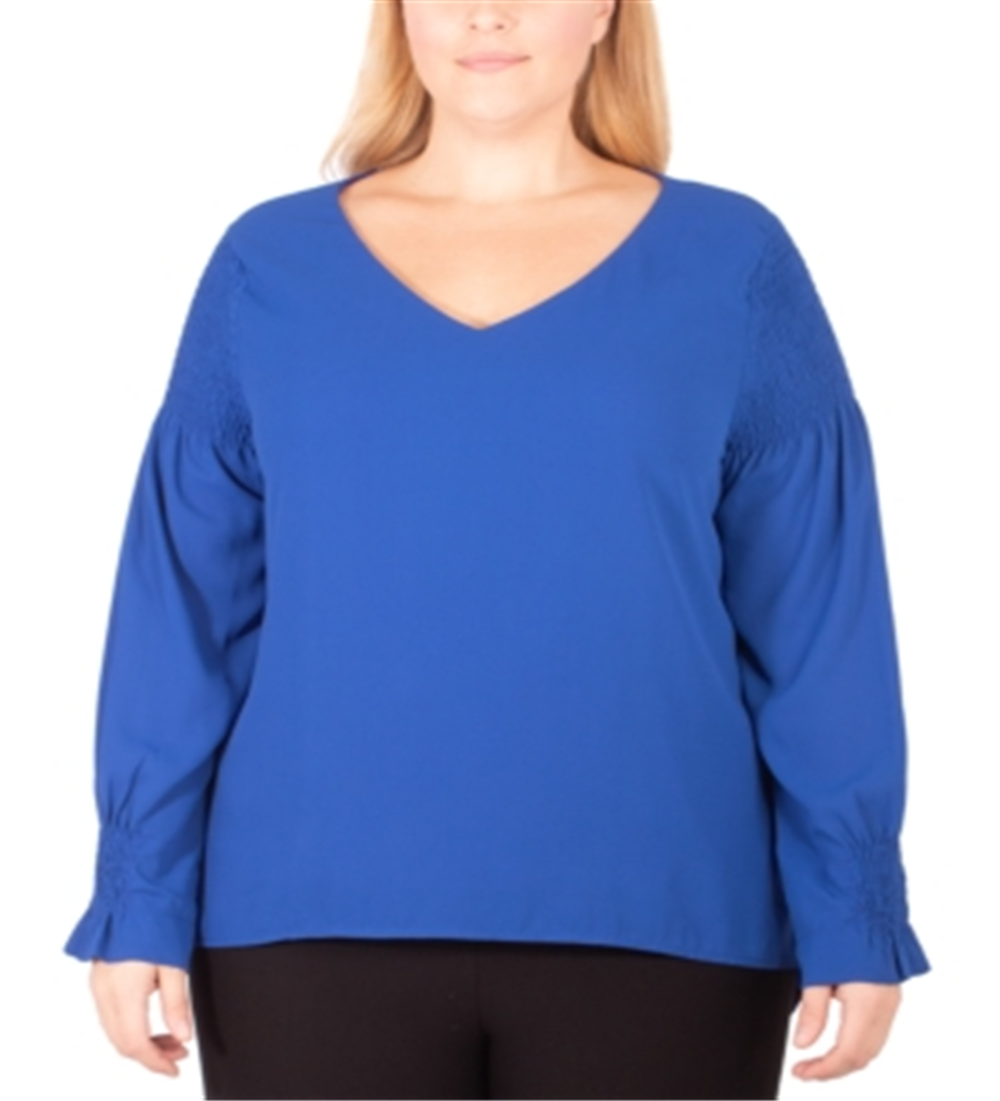 NY Collection Women's Plus V Neck Smocked Sleeve Top Blue Size 1X