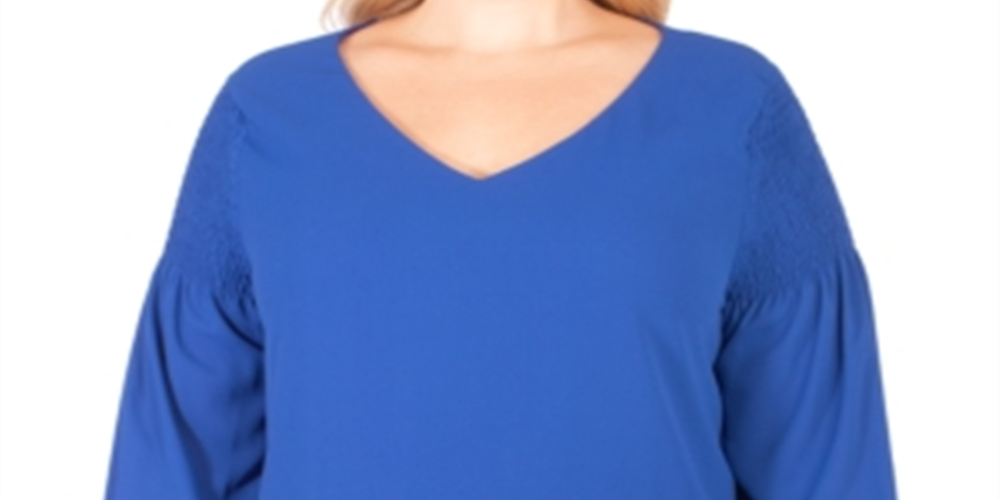 NY Collection Women's Plus V Neck Smocked Sleeve Top Blue Size 1X