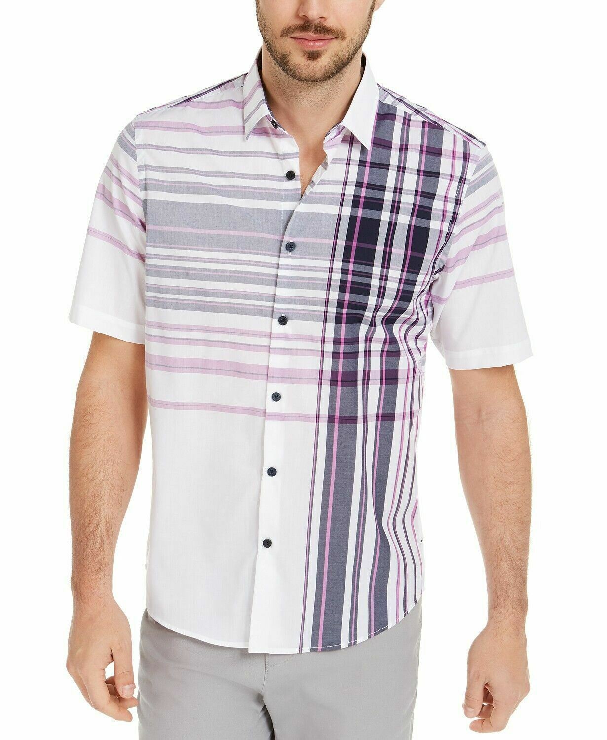 Alfani Men's Varied Plaid Shirt White Size Small