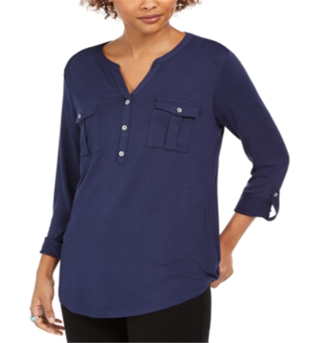 Style & Co Women'ss Heather Cuffed V Neck Blouse Top Blue Size Small