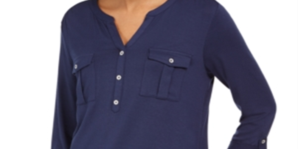 Style & Co Women'ss Heather Cuffed V Neck Blouse Top Blue Size Small