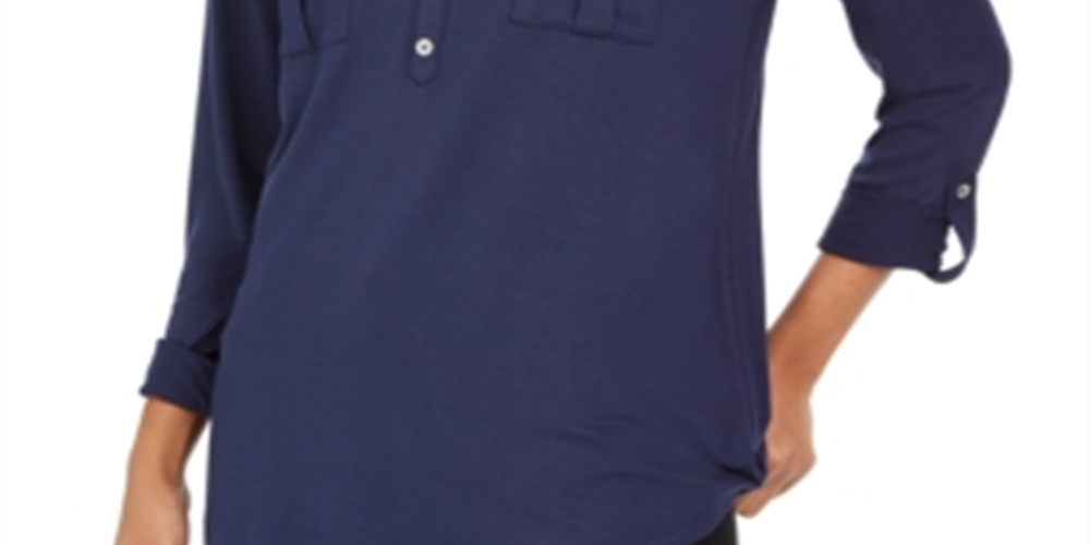 Style & Co Women'ss Heather Cuffed V Neck Blouse Top Blue Size Small