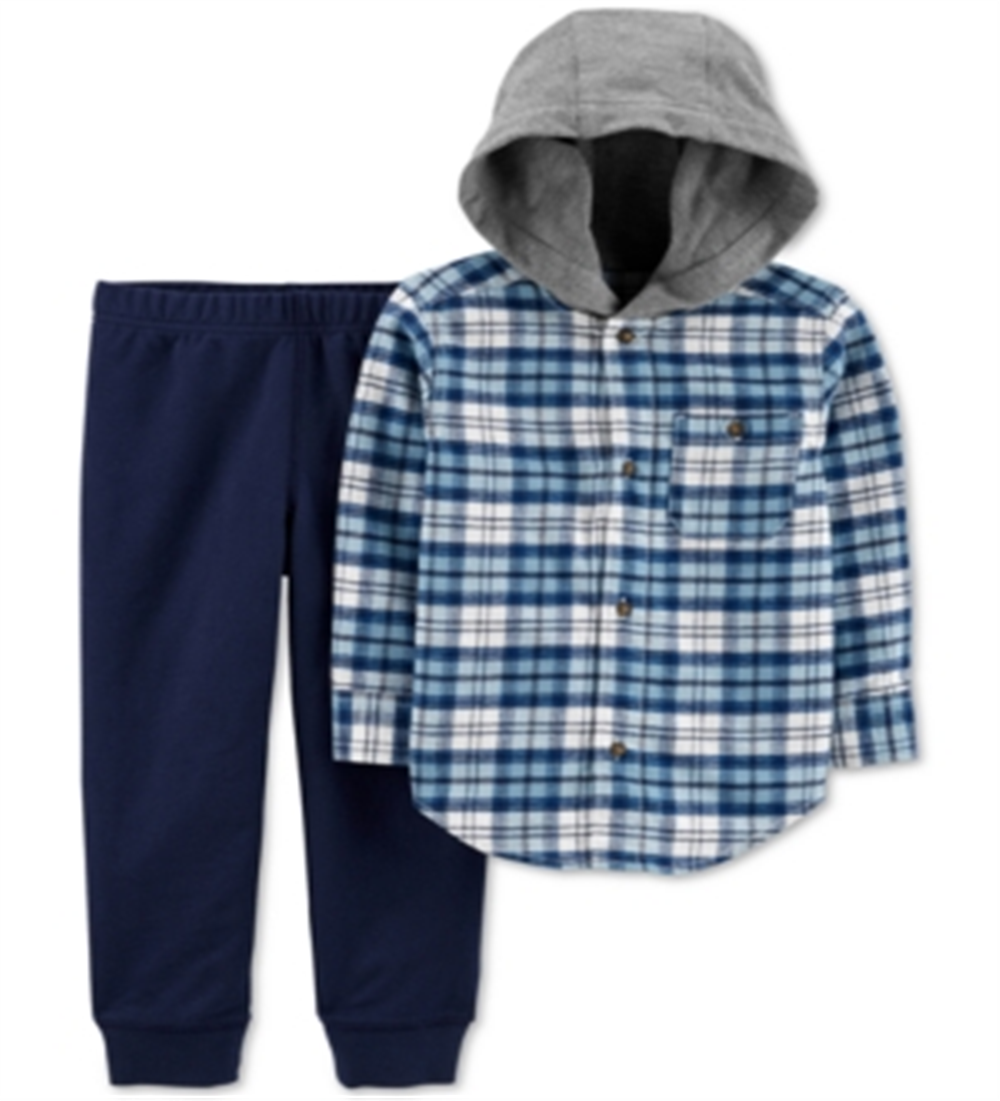 Carter's Infant Boy's Cotton Hooded Flannel Shirt and Set 2 Piece Set Jogger Pants Blue Size 9 Months