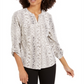 NY Collection Women's Printed Roll Tab Sleeve Button Front Top Gray Size Petite XS