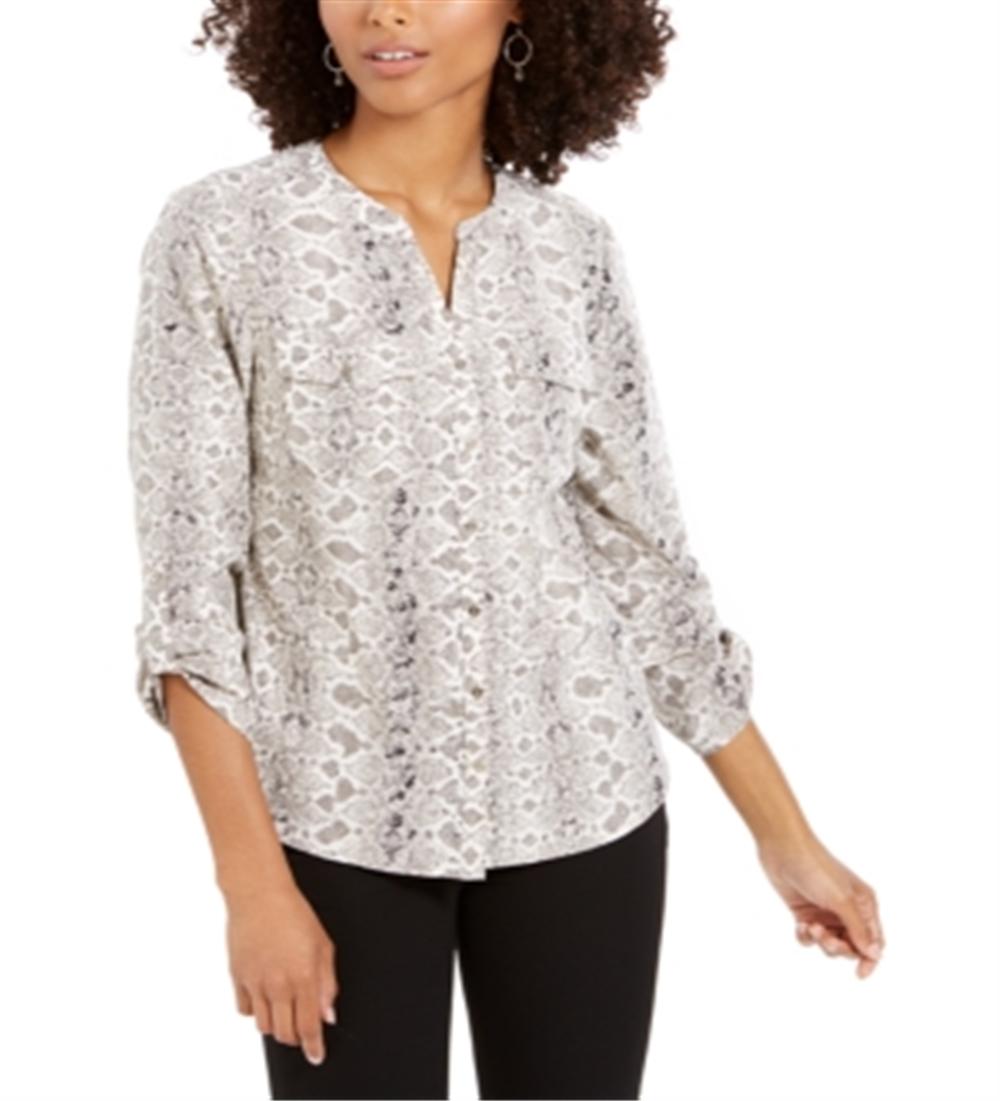 NY Collection Women's Printed Roll Tab Sleeve Button Front Top Gray Size Petite XS