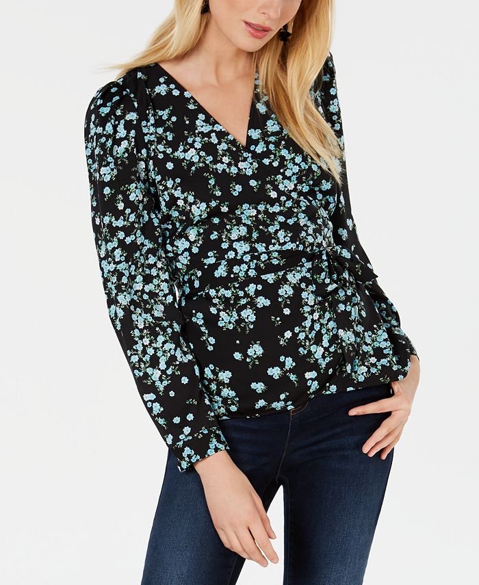 INC International Concepts Women's Printed Wrap Blouse Black Size Petite Medium