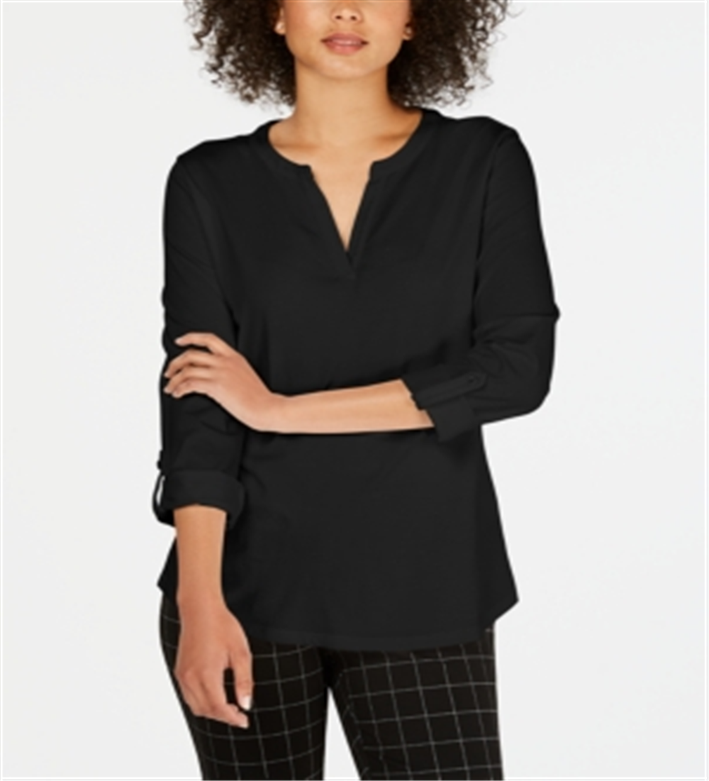 Charter Club Women's Petite Supima Cotton Split-Neck Top Black Size Petite S