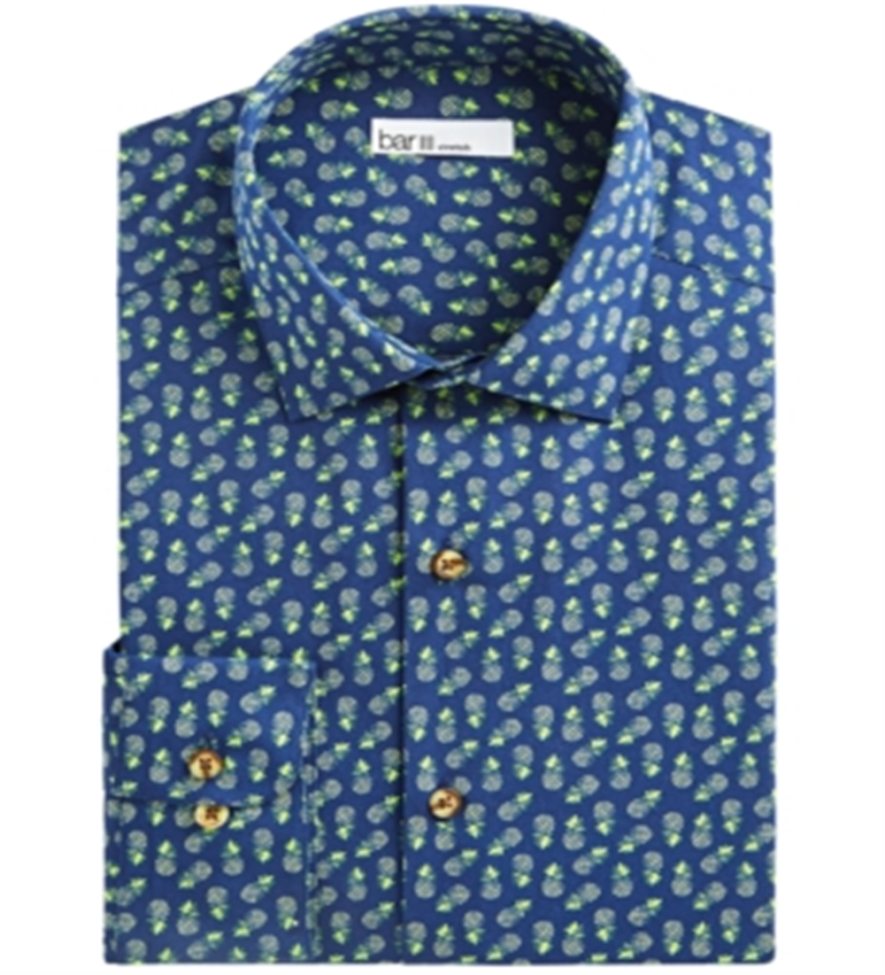 Bar III Men's Maxs Tossed Pineapple Slim Fit Print Button Down Shirt Blue Size XL