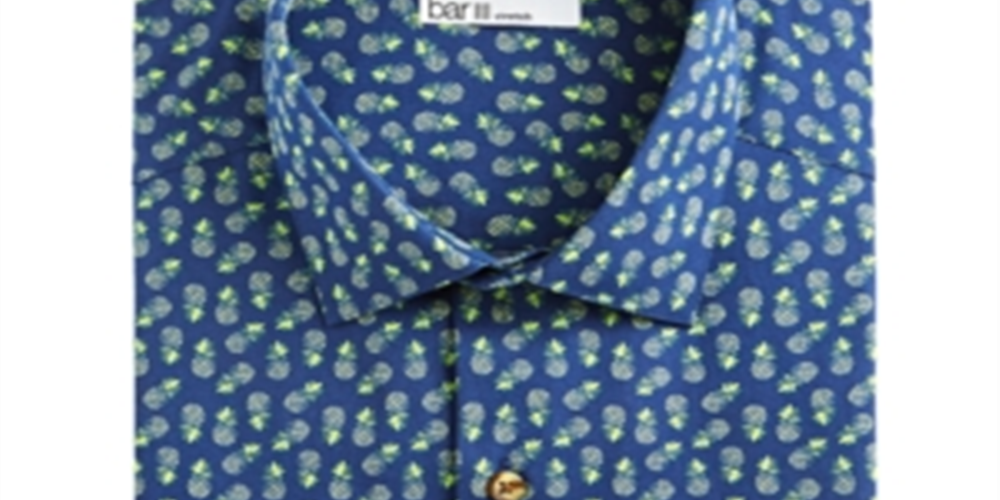 Bar III Men's Maxs Tossed Pineapple Slim Fit Print Button Down Shirt Blue Size XL