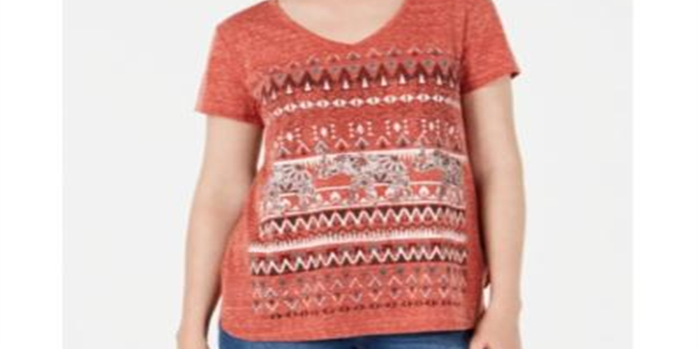 Style & Co Women's Graphic V Neck Top Orange  Size Large