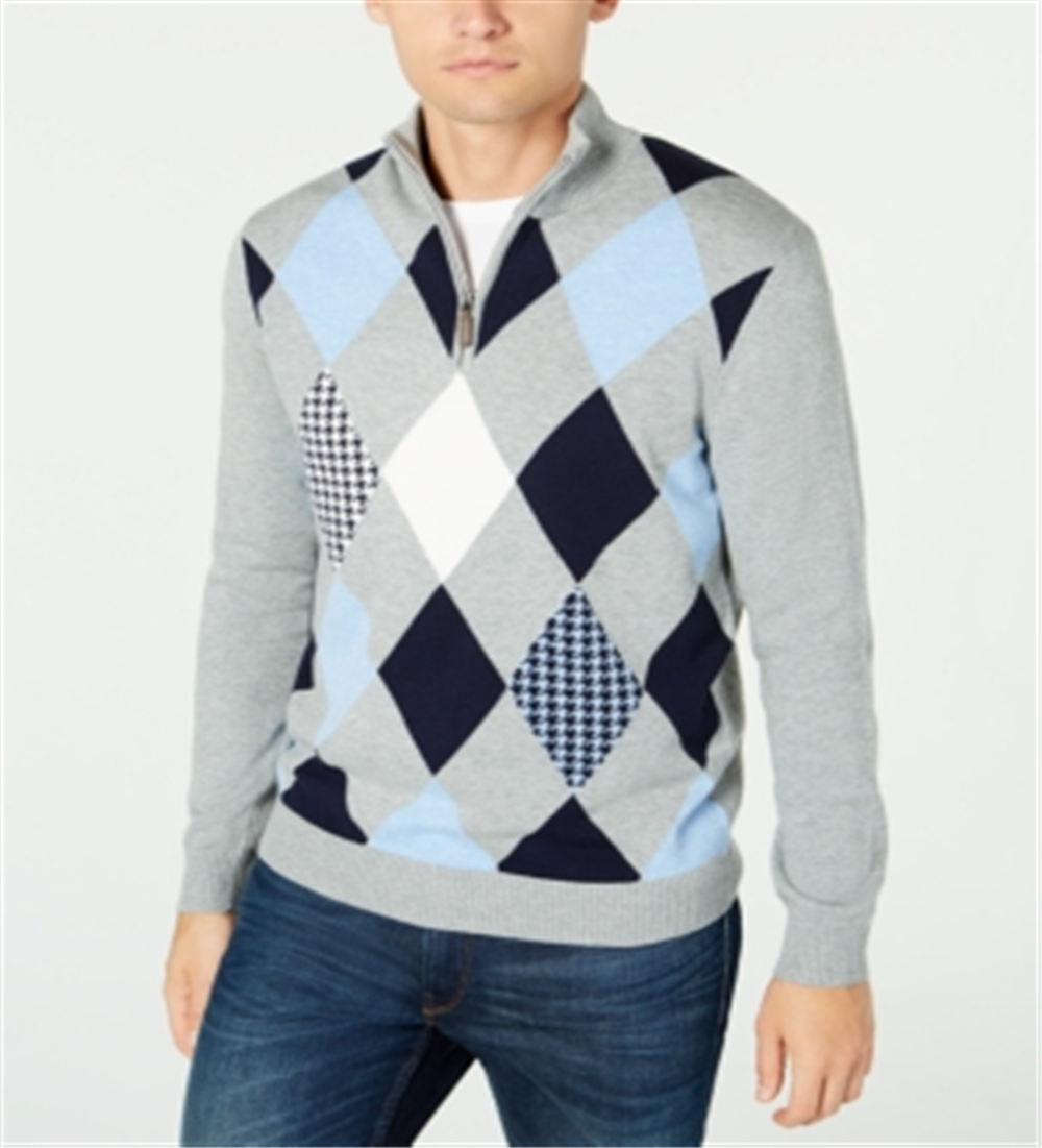 Club Room Men's Pima Argyle Quarter-Zip Sweater Gray Size 3XL