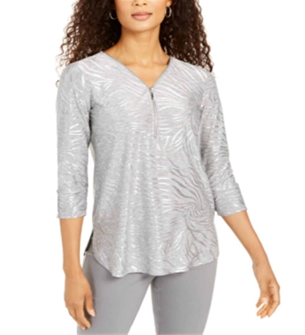 JM Collection Women's Zipper-Trim Metallic-Print Top Gray Size X-Small