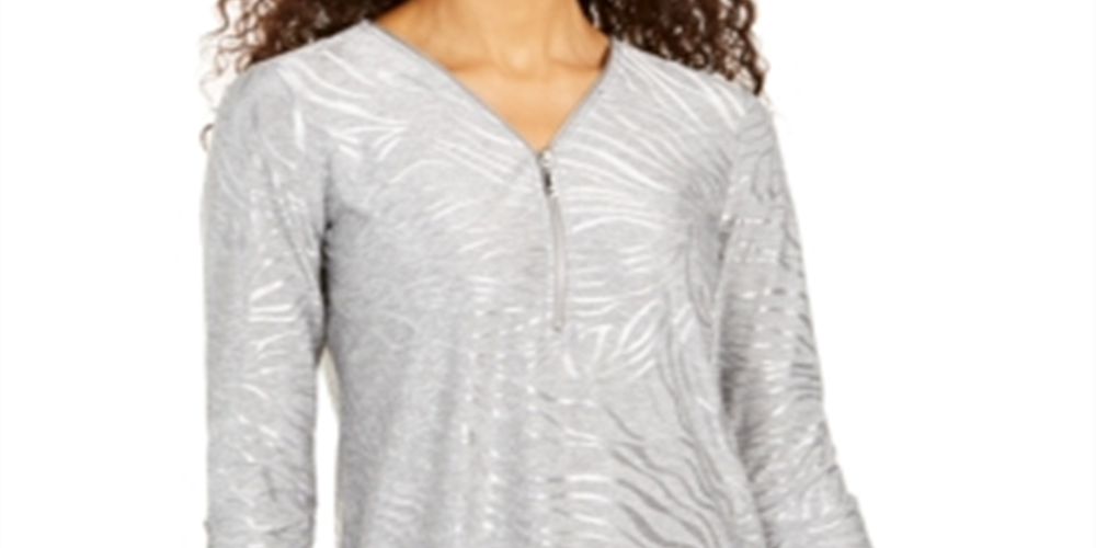 JM Collection Women's Zipper-Trim Metallic-Print Top Gray Size X-Small