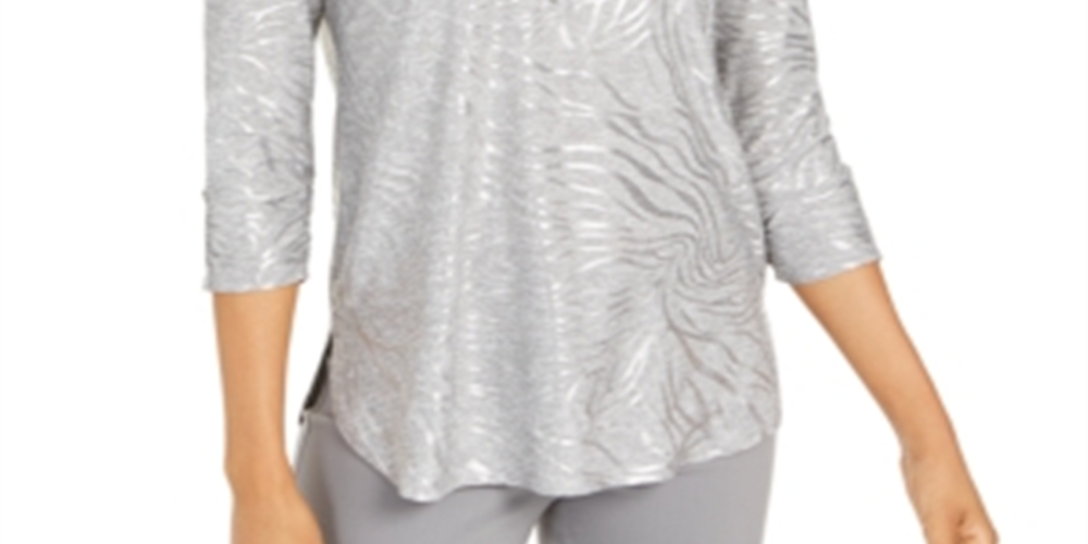 JM Collection Women's Zipper-Trim Metallic-Print Top Gray Size X-Small