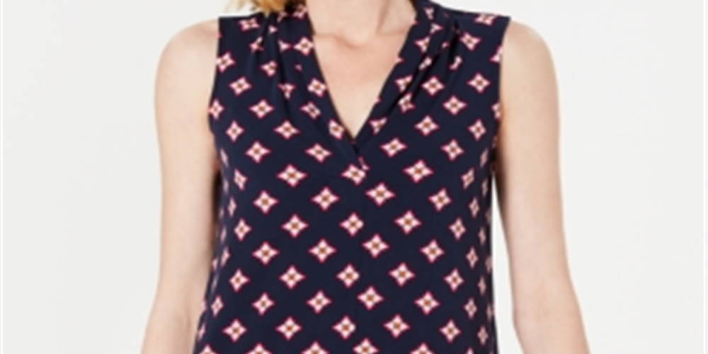 Charter Club Women's V Neck Printed Blouse Navy Size PSM